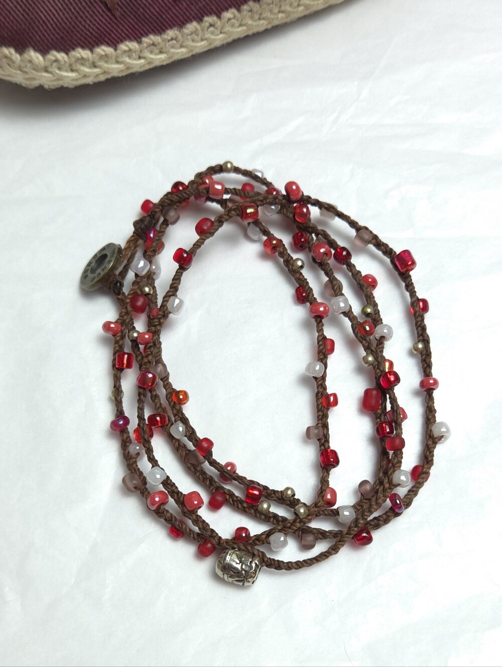 Wakami Red & Purple Glass Seed Beads and Sterling Silver Bead Wrap Bracelet